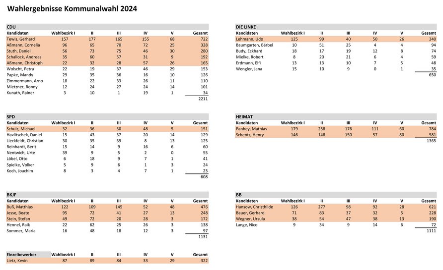 zeigt endgültiges Wahlgebnis für die Stadtvertretung Eggesin mit dem Stimmenergebnis der Bewerber nach Wahlbezirken der Stadt