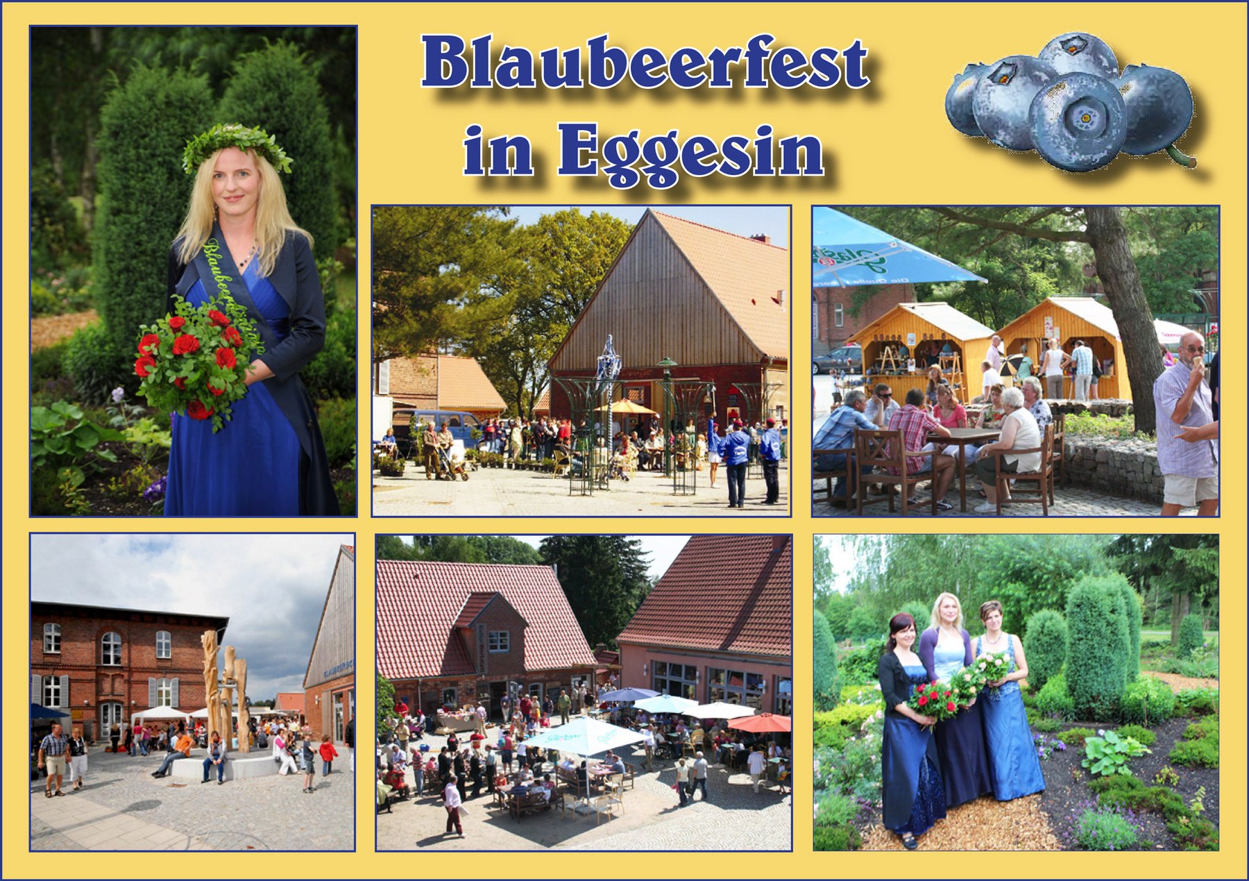 zeigt Schnappschüsse von Blaubeerfesten und Blauberköniginnen